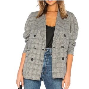 Joie Tomika Ruched Sleeve Plaid Blazer Jacket Women Size 10 Caviar Multi Grey